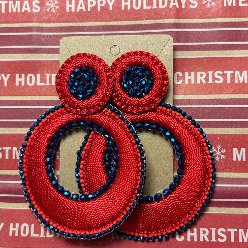 Statement Earrings Hoop Fabric Pierced Blue Red Sparkle